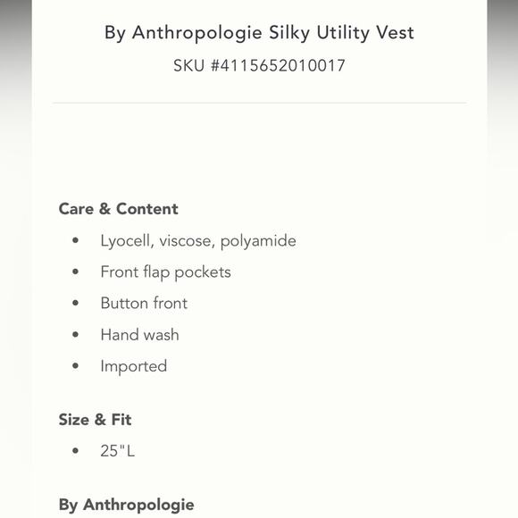Anthropologie Ivory Silky Utility Vest NEW - Picture 8 of 8